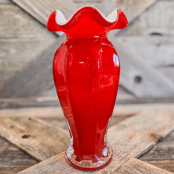 Vintage Ruby Red and White Blown Cased Art Glass Ruffled Vase, 7.5”H - Picture 6 of 6